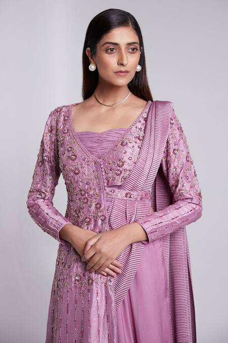 Shop_Suruchi Parakh_Purple Crepe Sequins Square Neck Pre-draped Lehenga Saree Set _Online_at_Aza_Fashions