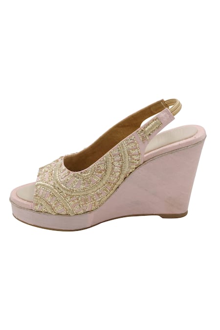 Shop_Veruschka By Payal Kothari_Pink Zari Tanpura Zardozi Embroidered Wedges _Online_at_Aza_Fashions