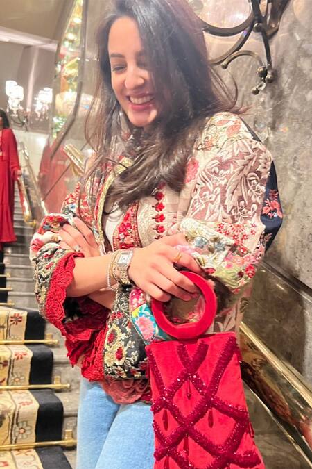 Shop_Aomidori Shimai_Red Embellished Madonna Crystal Drop Bag_Online_at_Aza_Fashions