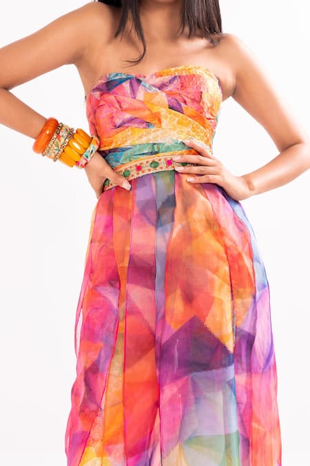 Cedar & Pine Multi Color Organza, Brocade Beads, Kaleidoscope Print Corset Trouser Set Online at Aza Fashions Cedar & Pine_Multi Color Organza, Brocade Beads, Kaleidoscope Print Corset Trouser Set_Online_at_Aza_Fashions