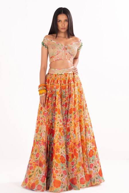 Cedar & Pine Multi Color Organza, Tulle Embroidery, Floral Impression Skirt And Off Blouse Set Online at Aza Fashions Cedar & Pine_Multi Color Organza, Tulle Embroidery, Floral Impression Skirt And Off Blouse Set _Online_at_Aza_Fashions
