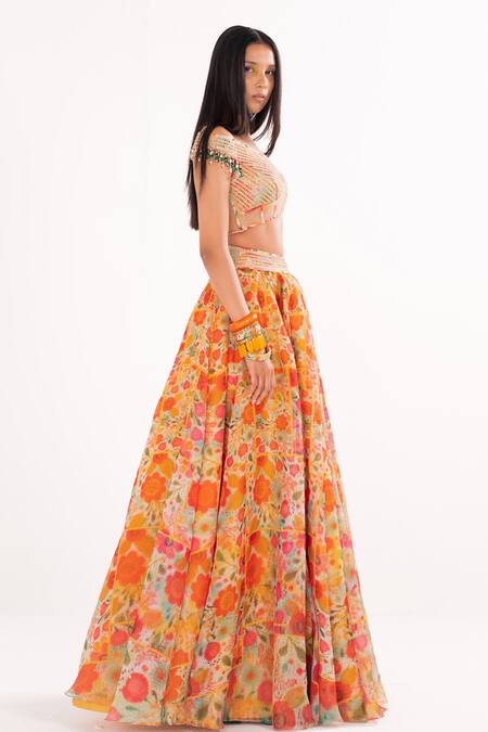 Buy Cedar & Pine Multi Color Organza, Tulle Embroidery, Floral Impression Skirt And Off Blouse Set Online at Aza Fashions Buy_Cedar & Pine_Multi Color Organza, Tulle Embroidery, Floral Impression Skirt And Off Blouse Set _Online_at_Aza_Fashions