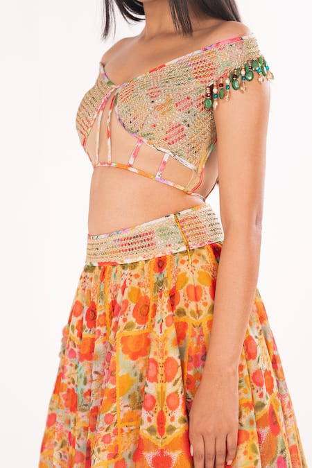 Shop Cedar & Pine Multi Color Organza, Tulle Embroidery, Floral Impression Skirt And Off Blouse Set Online at Aza Fashions Shop_Cedar & Pine_Multi Color Organza, Tulle Embroidery, Floral Impression Skirt And Off Blouse Set _Online_at_Aza_Fashions