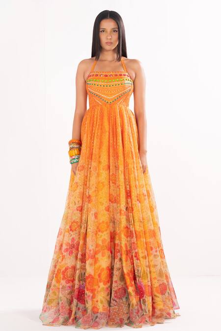 Cedar & Pine Multi Color Organza, Tulle Beads Floral Impression Embroidered Bodice Gown Online at Aza Fashions Cedar & Pine_Multi Color Organza, Tulle Beads Floral Impression Embroidered Bodice Gown_Online_at_Aza_Fashions