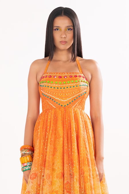 Shop Cedar & Pine Multi Color Organza, Tulle Beads Floral Impression Embroidered Bodice Gown Online at Aza Fashions Shop_Cedar & Pine_Multi Color Organza, Tulle Beads Floral Impression Embroidered Bodice Gown_Online_at_Aza_Fashions