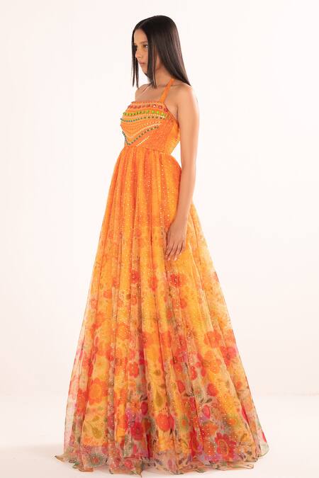 Buy Cedar & Pine Multi Color Organza, Tulle Beads Floral Impression Embroidered Bodice Gown Online at Aza Fashions Buy_Cedar & Pine_Multi Color Organza, Tulle Beads Floral Impression Embroidered Bodice Gown_Online_at_Aza_Fashions