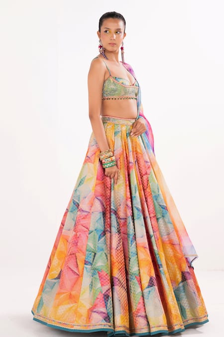 Cedar & Pine_Multi Color Organza, Brocade Sequins Sweetheart Kaleidoscope Print Lehenga Set _Online_at_Aza_Fashions