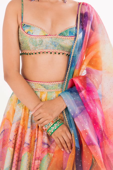 Buy_Cedar & Pine_Multi Color Organza, Brocade Sequins Sweetheart Kaleidoscope Print Lehenga Set _Online_at_Aza_Fashions