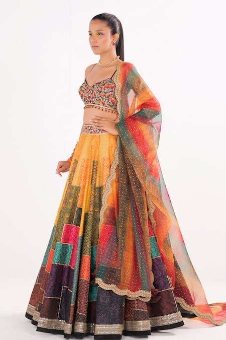 Cedar & Pine_Multi Color Brocade, Organza, Tulle Embroidery Collage Pattern Lehenga Set _Online_at_Aza_Fashions