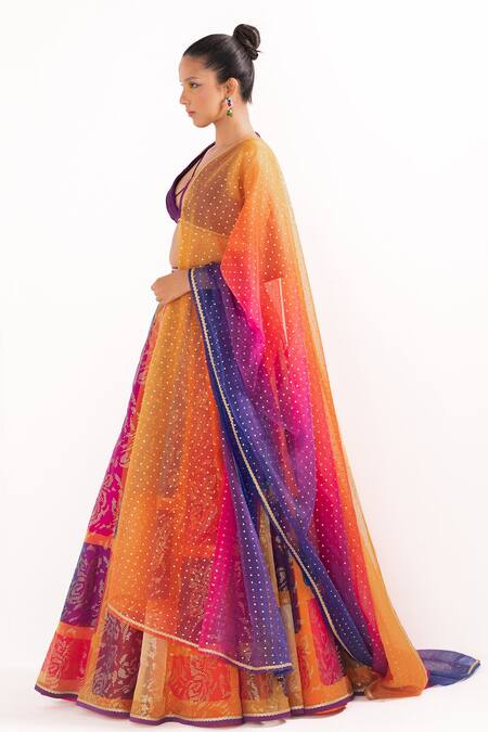 Cedar & Pine_Multi Color Organza, Satin Foil Printing, Embroidery Plunge Block Lehenga Set _Online_at_Aza_Fashions