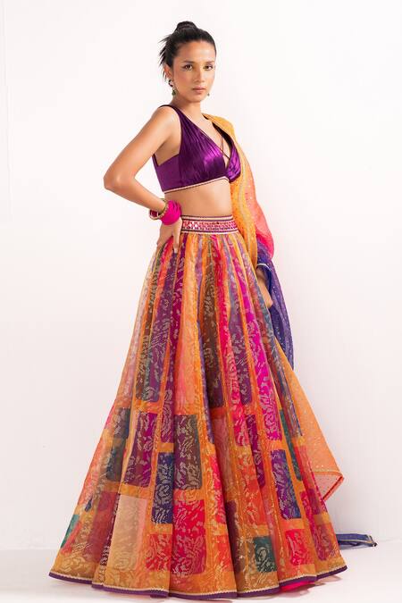 Buy_Cedar & Pine_Multi Color Organza, Satin Foil Printing, Embroidery Plunge Block Lehenga Set _Online_at_Aza_Fashions