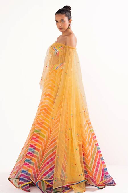 Cedar & Pine_Multi Color Organza, Tulle Beads Sweetheart Bohemian Striped Pattern Lehenga Set _Online_at_Aza_Fashions
