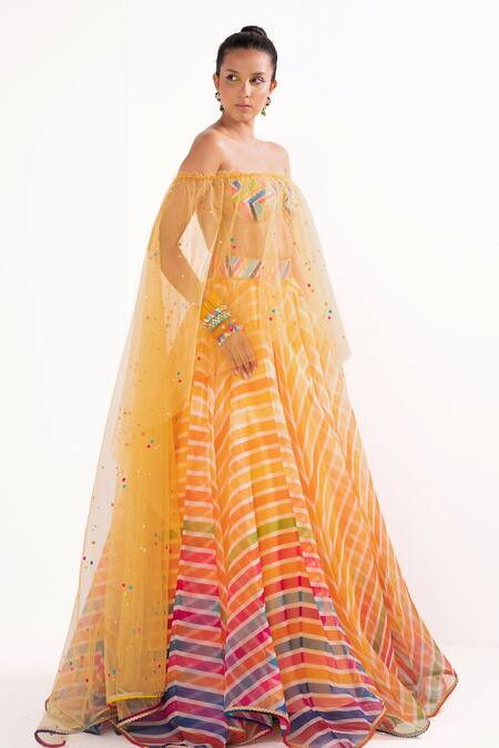 Buy_Cedar & Pine_Multi Color Organza, Tulle Beads Sweetheart Bohemian Striped Pattern Lehenga Set _Online_at_Aza_Fashions