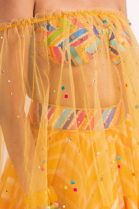 Shop_Cedar & Pine_Multi Color Organza, Tulle Beads Sweetheart Bohemian Striped Pattern Lehenga Set _Online_at_Aza_Fashions