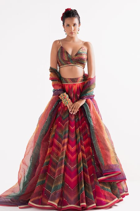 Cedar & Pine_Multi Color Organza, Brocade Mirrors Plunge Bohemian Chevron Print Lehenga Set _Online_at_Aza_Fashions