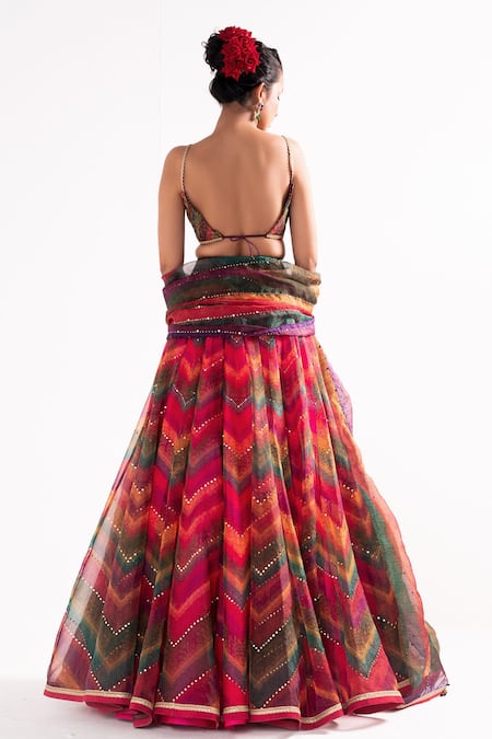 Buy_Cedar & Pine_Multi Color Organza, Brocade Mirrors Plunge Bohemian Chevron Print Lehenga Set _Online_at_Aza_Fashions