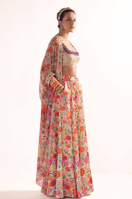 Cedar & Pine Multi Color Organza, Tulle Beads, Embroidery Floral Print Kaftan Flared Pant Set Online at Aza Fashions Cedar & Pine_Multi Color Organza, Tulle Beads, Embroidery Floral Print Kaftan Flared Pant Set _Online_at_Aza_Fashions