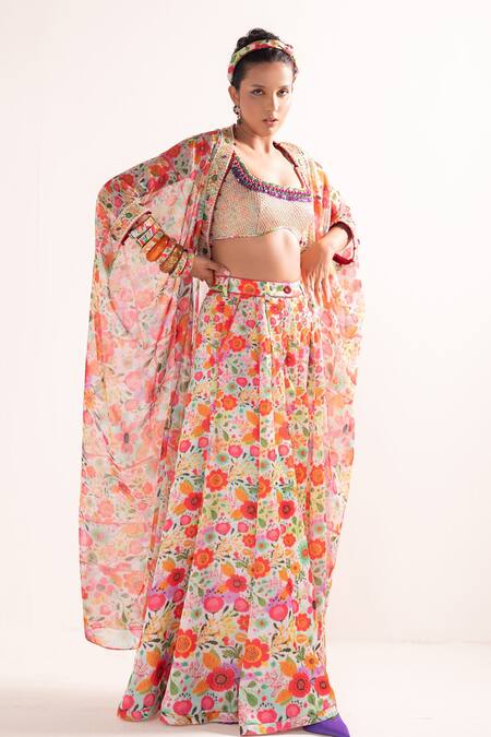 Buy Cedar & Pine Multi Color Organza, Tulle Beads, Embroidery Floral Print Kaftan Flared Pant Set Online at Aza Fashions Buy_Cedar & Pine_Multi Color Organza, Tulle Beads, Embroidery Floral Print Kaftan Flared Pant Set _Online_at_Aza_Fashions