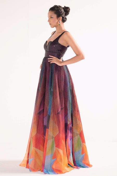 Cedar & Pine_Multi Color Organza, Tulle Sequins Split V-neck Abstract Print Bodice Gown _Online_at_Aza_Fashions