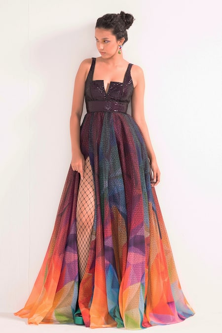 Shop_Cedar & Pine_Multi Color Organza, Tulle Sequins Split V-neck Abstract Print Bodice Gown _Online_at_Aza_Fashions