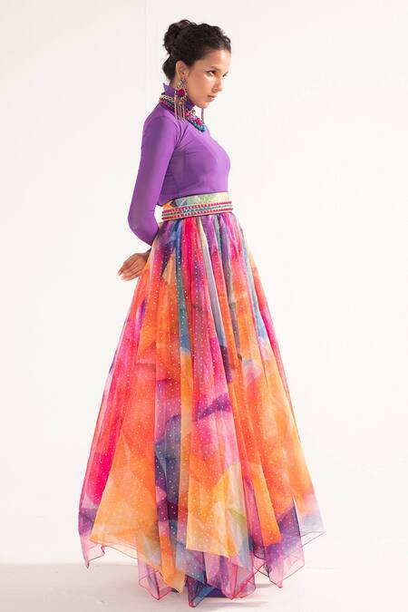 Cedar & Pine_Multi Color Lycra, Satin, Tulle, Organza Kaleidoscope Print Skirt Top Set_Online_at_Aza_Fashions