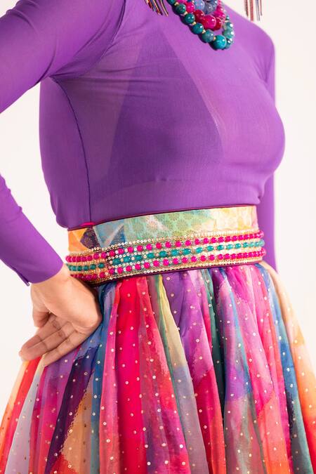 Buy_Cedar & Pine_Multi Color Lycra, Satin, Tulle, Organza Kaleidoscope Print Skirt Top Set_Online_at_Aza_Fashions