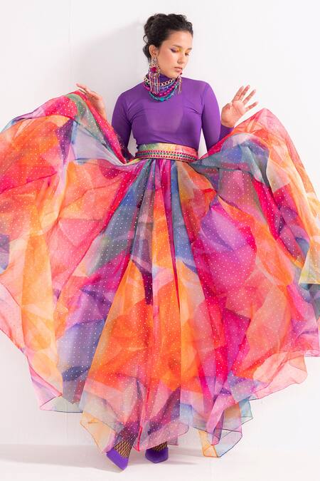 Shop_Cedar & Pine_Multi Color Lycra, Satin, Tulle, Organza Kaleidoscope Print Skirt Top Set_Online_at_Aza_Fashions