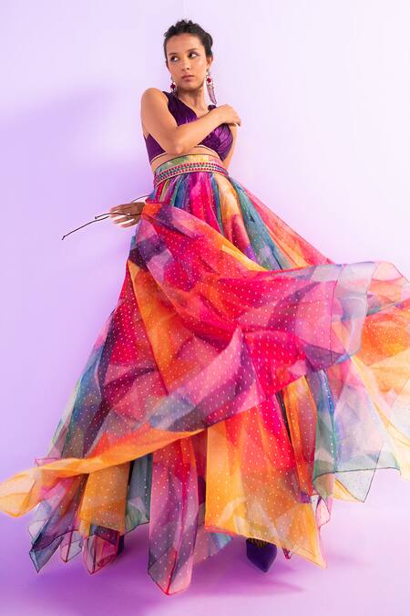 Cedar & Pine_Multi Color Organza, Satin Beads Kaleidoscope Print Skirt And Pleated Blouse Set_Online_at_Aza_Fashions
