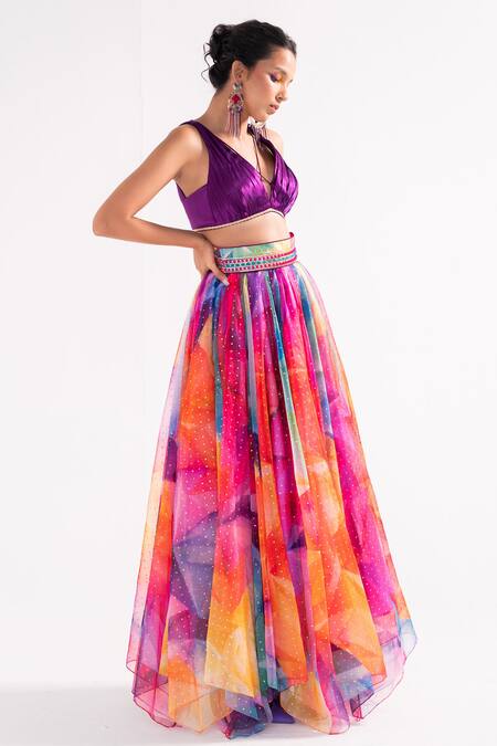 Buy_Cedar & Pine_Multi Color Organza, Satin Beads Kaleidoscope Print Skirt And Pleated Blouse Set_Online_at_Aza_Fashions