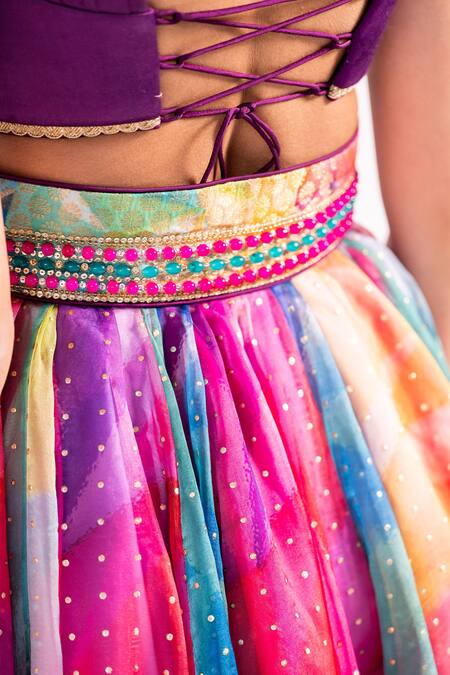 Shop_Cedar & Pine_Multi Color Organza, Satin Beads Kaleidoscope Print Skirt And Pleated Blouse Set_Online_at_Aza_Fashions