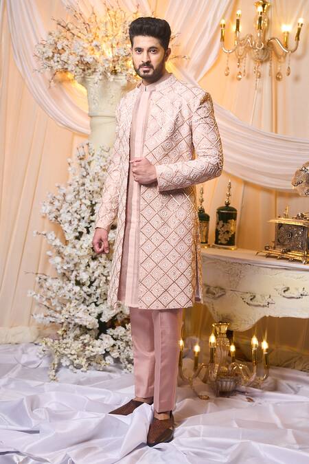 Varun Chakkilam Pink , Twill, Organza Beads, Embroidery Metallic Wire Sherwani Set Online at Aza Fashions Varun Chakkilam_Pink , Twill, Organza Beads, Embroidery Metallic Wire Sherwani Set _Online_at_Aza_Fashions