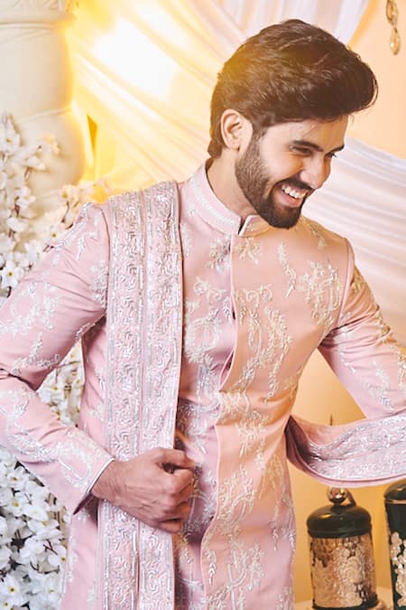 Varun Chakkilam Pink Silk Sequins, Embroidery Metallic Wire Sherwani Set Online at Aza Fashions Varun Chakkilam_Pink Silk Sequins, Embroidery Metallic Wire Sherwani Set _Online_at_Aza_Fashions