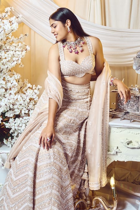 Varun Chakkilam Beige Silk Organza Sequins, Beads Chevron Embroidered Bridal Lehenga Set Online at Aza Fashions Varun Chakkilam_Beige Silk Organza Sequins, Beads Chevron Embroidered Bridal Lehenga Set _Online_at_Aza_Fashions