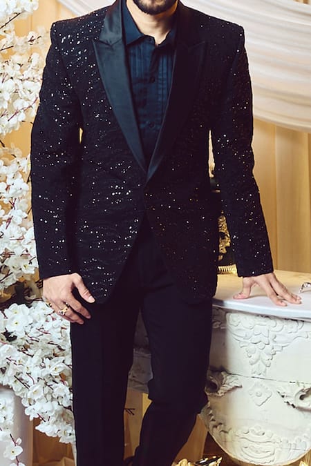 Varun Chakkilam Black Polyblend Suiting Fabric Embroidered Glass Beads Blazer And Pant Set Online at Aza Fashions Varun Chakkilam_Black Polyblend Suiting Fabric Embroidered Glass Beads Blazer And Pant Set _Online_at_Aza_Fashions