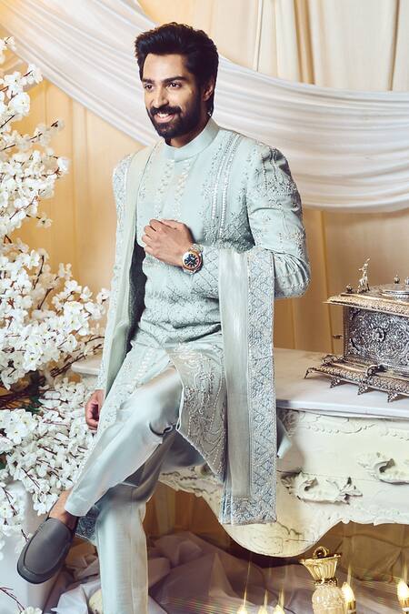 Varun Chakkilam_Grey Twill Silk Embroidered Threadwork Glass Beads Sherwani Set  _Online_at_Aza_Fashions