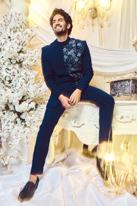 Varun Chakkilam_Blue Polyester Beads Glass Embroidered Bandhgala Set _Online_at_Aza_Fashions