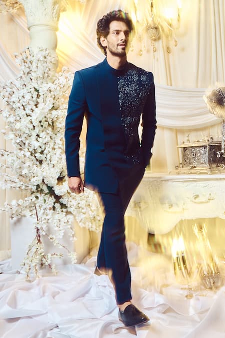 Buy_Varun Chakkilam_Blue Polyester Beads Glass Embroidered Bandhgala Set _Online_at_Aza_Fashions