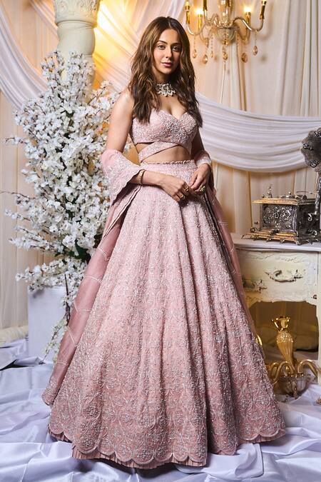 Varun Chakkilam_Pink Silk Organza Embroidered Sequins V Neck Lehenga Set _Online_at_Aza_Fashions