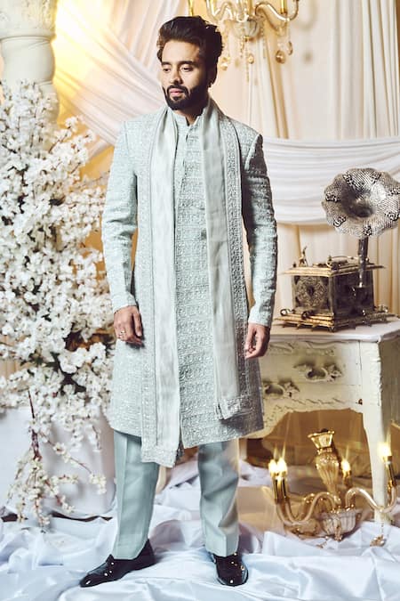 Varun Chakkilam Grey Silk, Twill Pearls, Beads Embroidered Sherwani Set Online at Aza Fashions Varun Chakkilam_Grey Silk, Twill Pearls, Beads Embroidered Sherwani Set _Online_at_Aza_Fashions