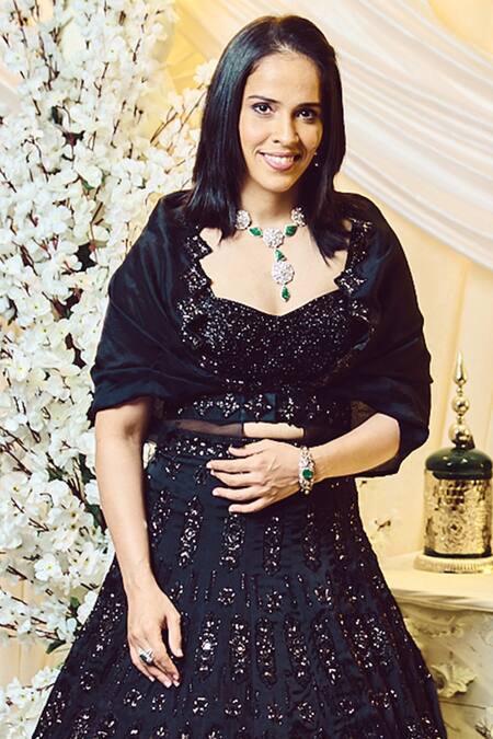 Varun Chakkilam Black Silk Organza Embroidery, Beads V-neck Lehenga Set With Overlay Jacket Online at Aza Fashions Varun Chakkilam_Black Silk Organza Embroidery, Beads V-neck Lehenga Set With Overlay Jacket _Online_at_Aza_Fashions