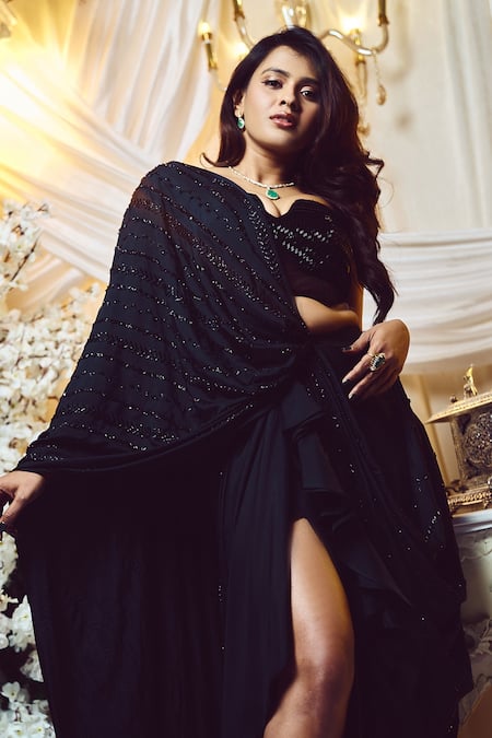 Varun Chakkilam Black Silk, Twill Beads, Sequins Embroidered Pre-draped Saree With Blouse Online at Aza Fashions Varun Chakkilam_Black Silk, Twill Beads, Sequins Embroidered Pre-draped Saree With Blouse _Online_at_Aza_Fashions