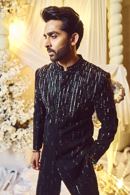 Buy Varun Chakkilam Black Polyester Embroidery Sherwani Set Online at Aza Fashions Buy_Varun Chakkilam_Black Polyester Embroidery Sherwani Set _Online_at_Aza_Fashions