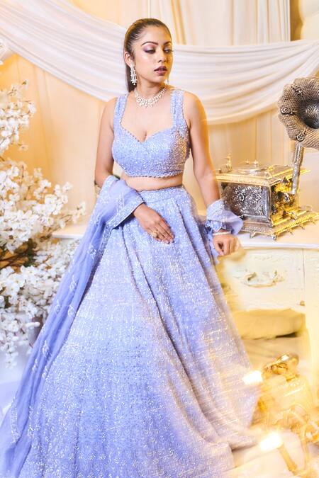 Varun Chakkilam Blue Silk Organza Sequins, Beads V-neck Glass Embroidered Lehenga Set Online at Aza Fashions Varun Chakkilam_Blue Silk Organza Sequins, Beads V-neck Glass Embroidered Lehenga Set _Online_at_Aza_Fashions