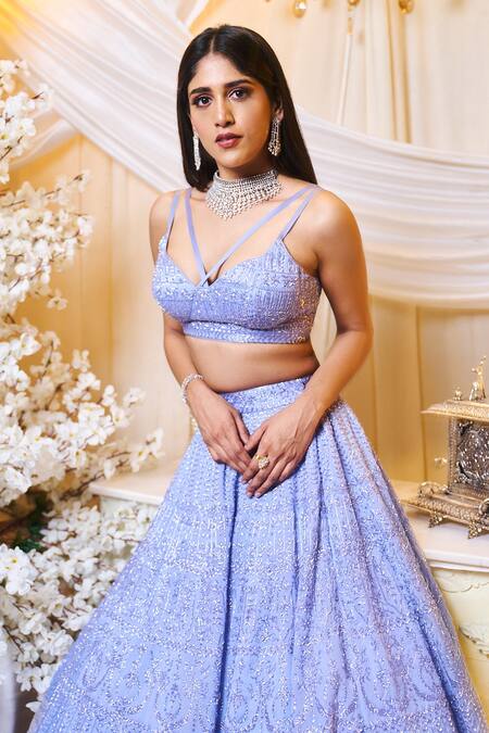 Buy Varun Chakkilam Blue Silk Organza Sequins, Beads V-neck Chevron Pattern Lehenga Set Online at Aza Fashions Buy_Varun Chakkilam_Blue Silk Organza Sequins, Beads V-neck Chevron Pattern Lehenga Set _Online_at_Aza_Fashions