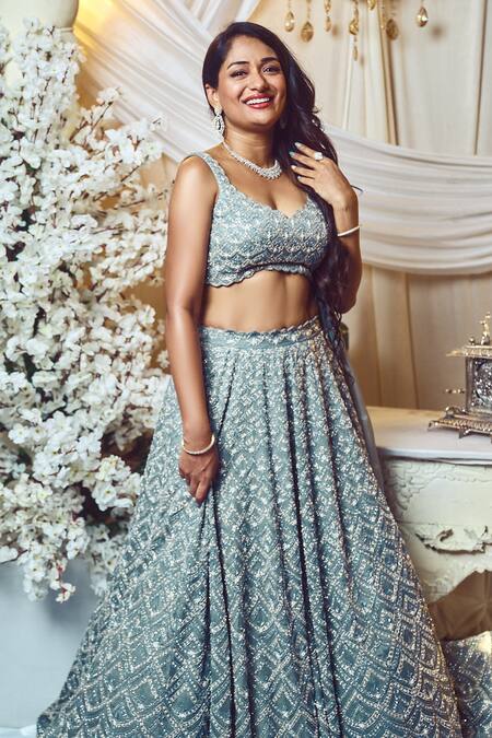 Buy Varun Chakkilam Grey Silk Organza Beads, Sequins V-neck Embroidered Lehenga Set Online at Aza Fashions Buy_Varun Chakkilam_Grey Silk Organza Beads, Sequins V-neck Embroidered Lehenga Set _Online_at_Aza_Fashions