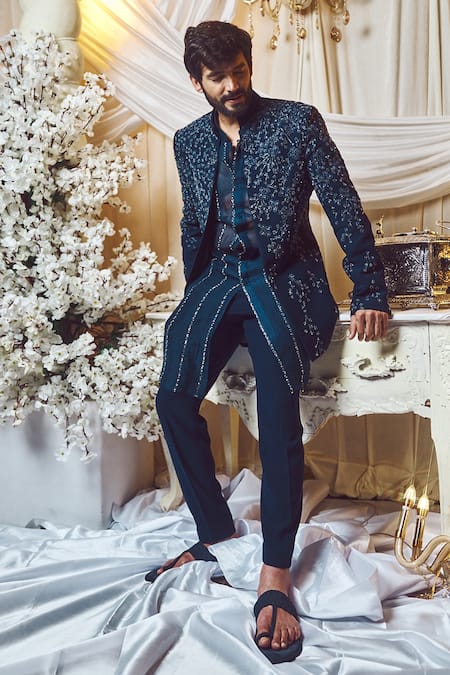Varun Chakkilam Blue Polyblend Suiting Fabric Embroidered Glass Open Jacket And Kurta Set Online at Aza Fashions Varun Chakkilam_Blue Polyblend Suiting Fabric Embroidered Glass Open Jacket And Kurta Set _Online_at_Aza_Fashions
