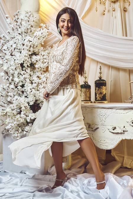 Varun Chakkilam White Satin, Silk Organza Beads, Embroidery Blazer And Draped Skirt Set Online at Aza Fashions Varun Chakkilam_White Satin, Silk Organza Beads, Embroidery Blazer And Draped Skirt Set _Online_at_Aza_Fashions