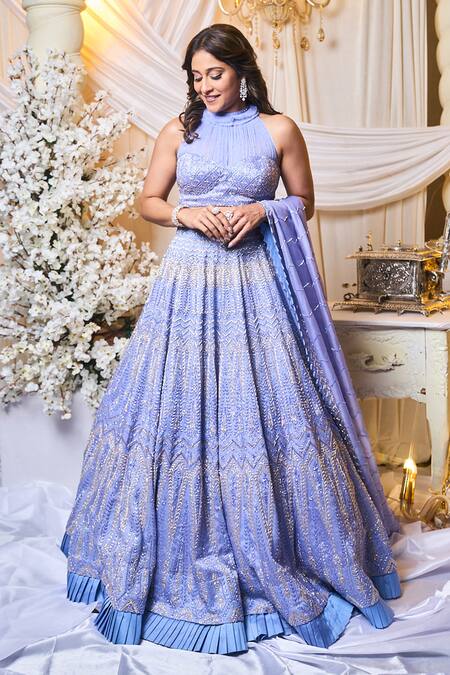 Varun Chakkilam Blue Silk Organza Sequins, Beads Halter Neck Chevron Embroidered Lehenga Set Online at Aza Fashions Varun Chakkilam_Blue Silk Organza Sequins, Beads Halter Neck Chevron Embroidered Lehenga Set _Online_at_Aza_Fashions
