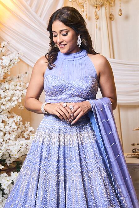 Buy Varun Chakkilam Blue Silk Organza Sequins, Beads Halter Neck Chevron Embroidered Lehenga Set Online at Aza Fashions Buy_Varun Chakkilam_Blue Silk Organza Sequins, Beads Halter Neck Chevron Embroidered Lehenga Set _Online_at_Aza_Fashions