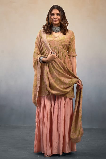 Affroz_Pink Viscose Embroidery V-neck Paisley Print Peplum Kurta Sharara Set _Online_at_Aza_Fashions